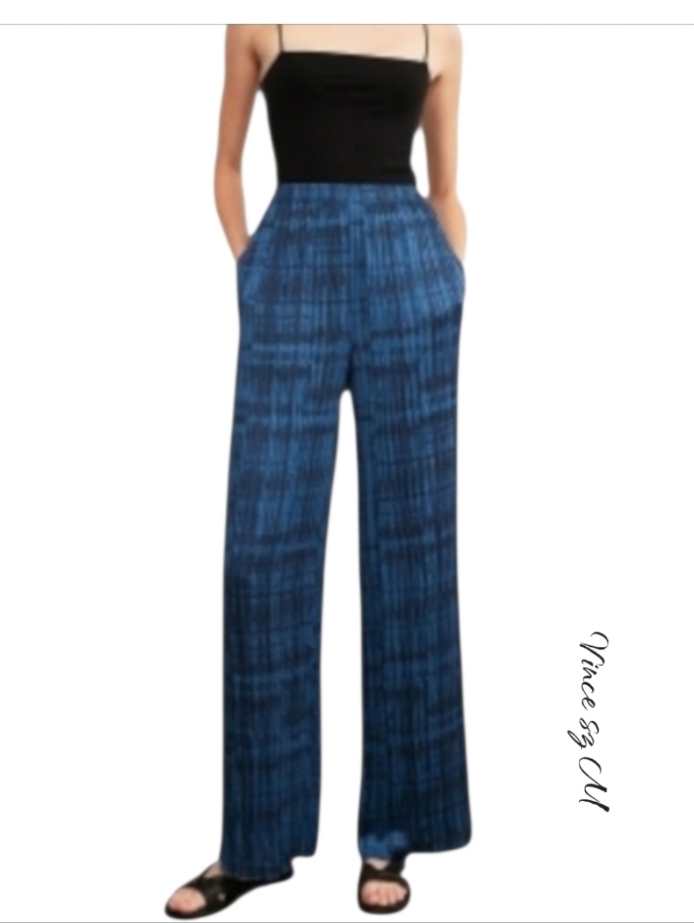 Vince Crushed Blue Satin Tie Dye Pull On Wide Leg Pant Medium